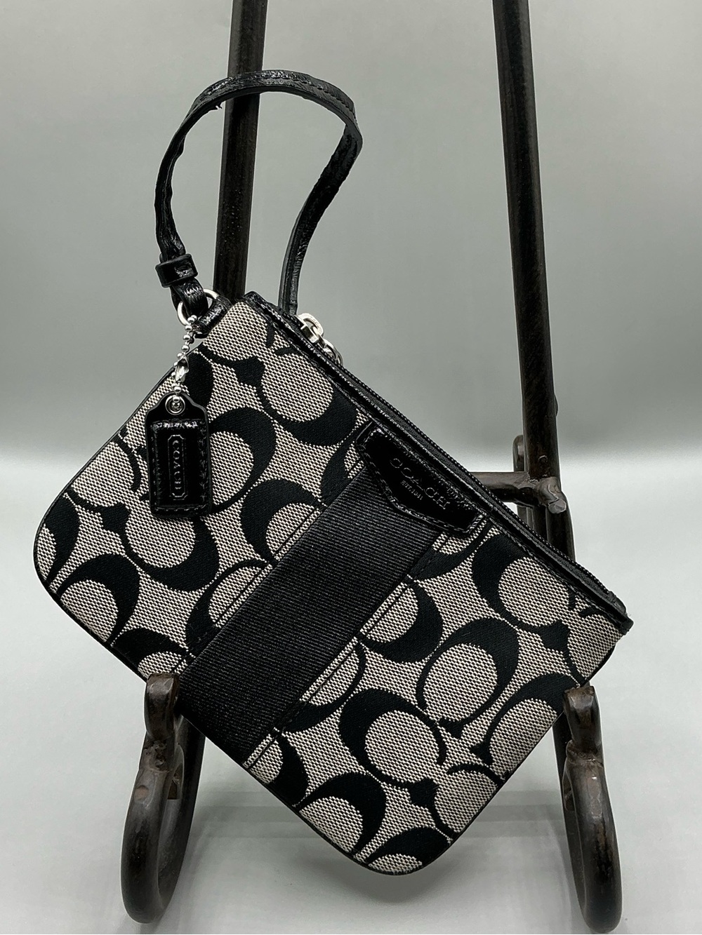 Coach Black and Gray Signature Stripe Wristlet